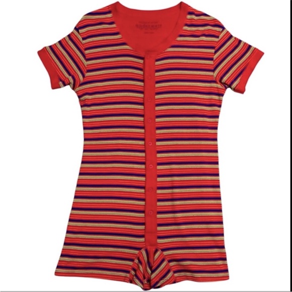 Victoria’s Secret Orange Blue Striped Button Down Cotton Romper Onesie PJ’s L - Picture 1 of 7